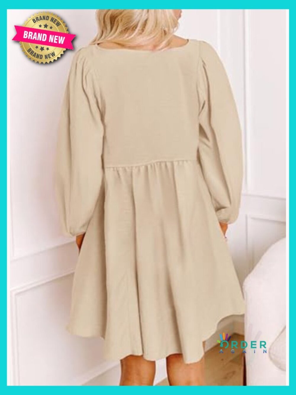 Smocked Empire Waist Mini Dress Long Sleeve Button Up A-Line Chic - Picture 2 of 7